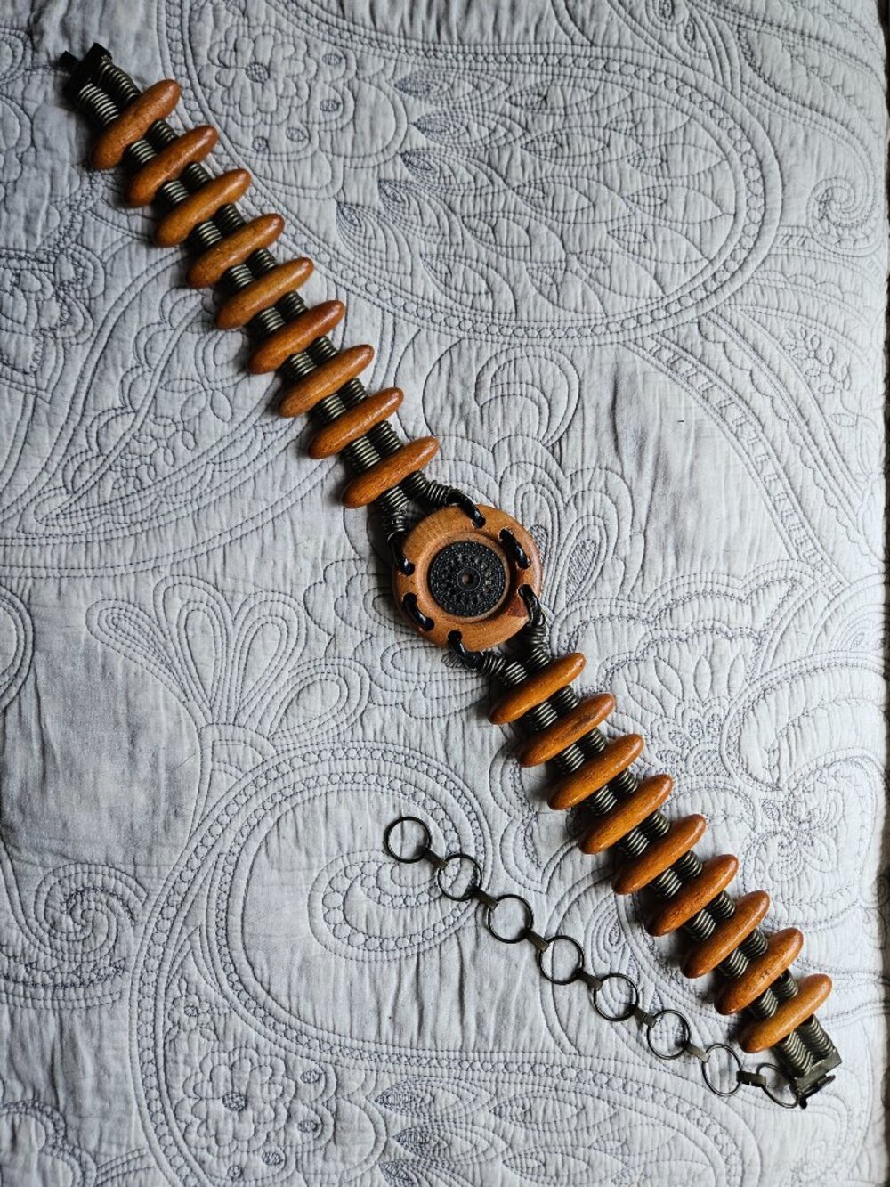 Belt. Women's. Wood and Metal. Approx 33 inches long.